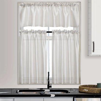 3 Panels Faux Silk Sheer Curtains w/Rod Pockets- Valance and 2 Tiers