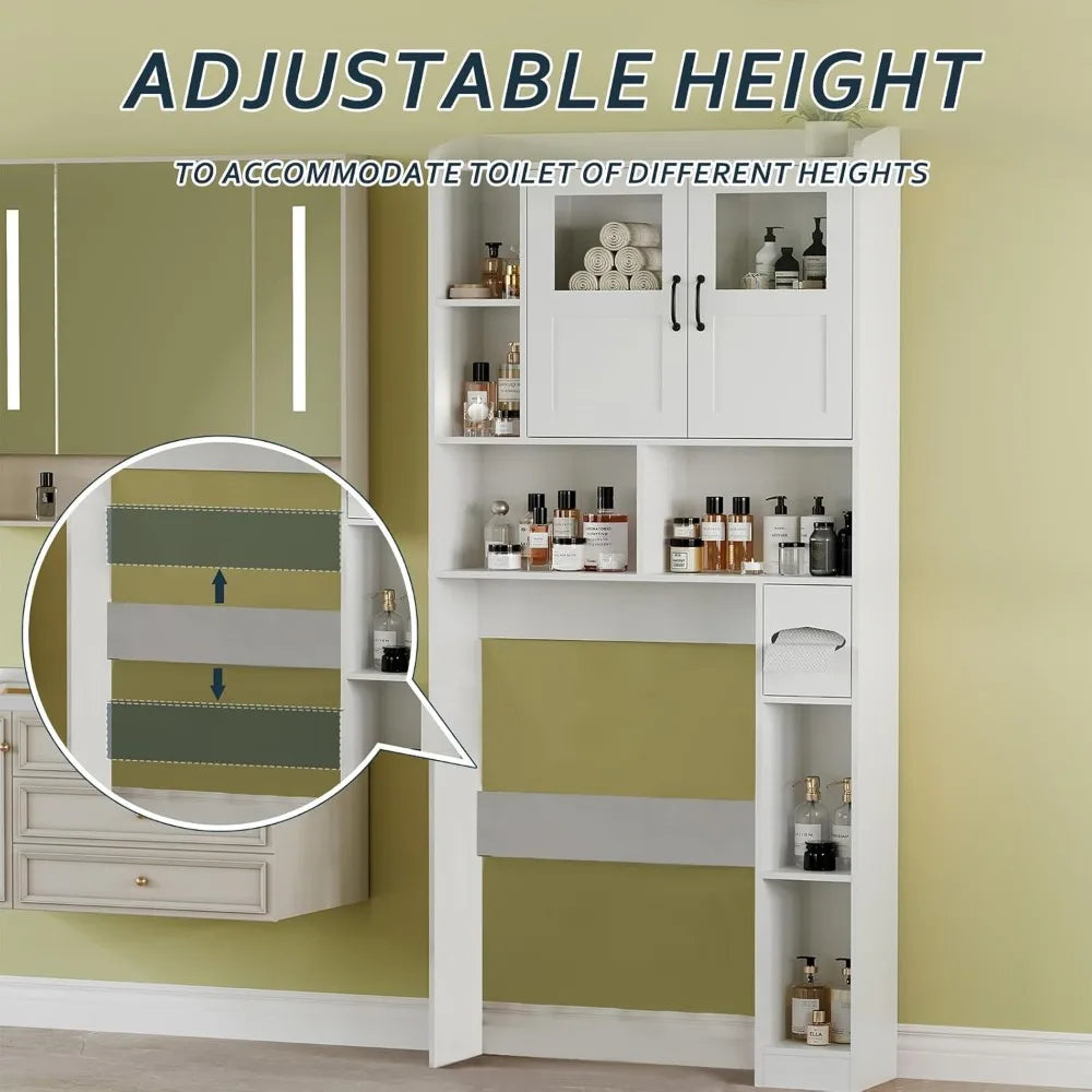 Over Toilet Cabinet - 67.4 H Bathroom Storage with Glass Door, Adjustable Organizer