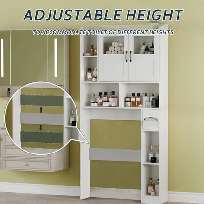 Over Toilet Cabinet - 67.4 H Bathroom Storage with Glass Door, Adjustable Organizer