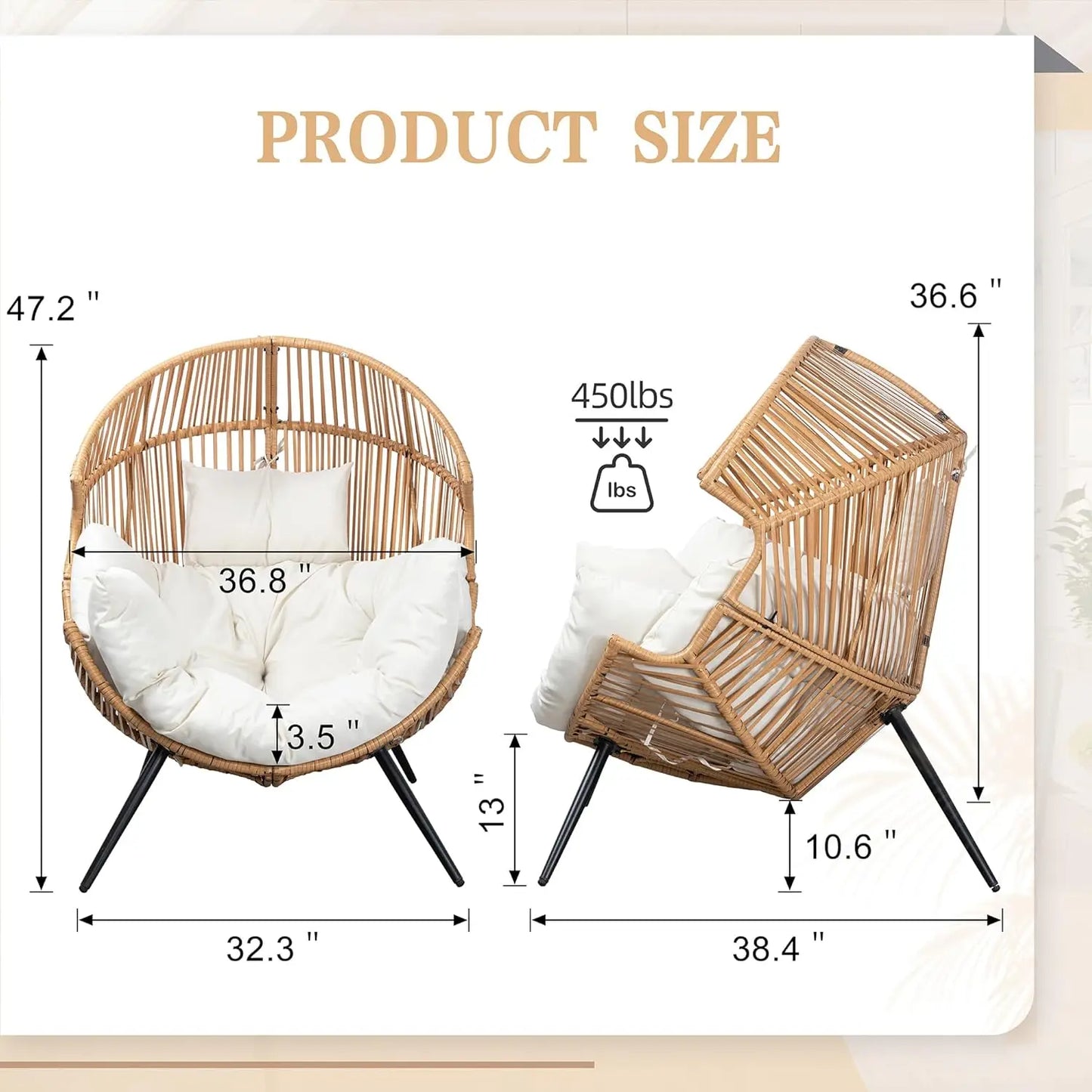 Outdoor Wicker Egg Chair, PE Rattan Chair with Cushion, Oversized