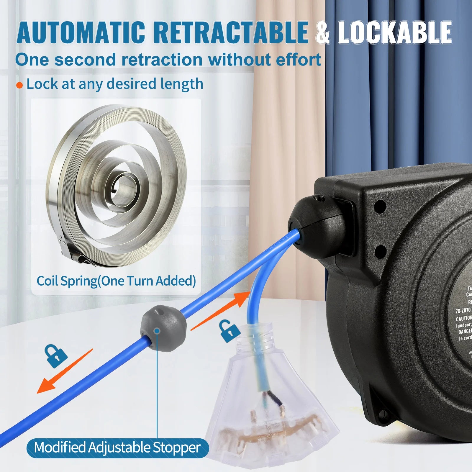 Retractable Extension Cord Reel 30FT Lighted Triple Tap Outlet