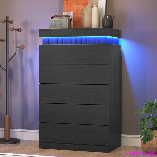Modern Tall Dresser with LED Lights and Charging Station