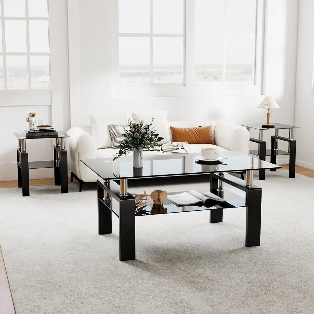 Modern Tempered Glass Table Set, 3-Piece, includes Black Metal Frame Coffee Table with Matching End Tables