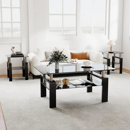 Modern Tempered Glass Table Set, 3-Piece, includes Black Metal Frame Coffee Table with Matching End Tables