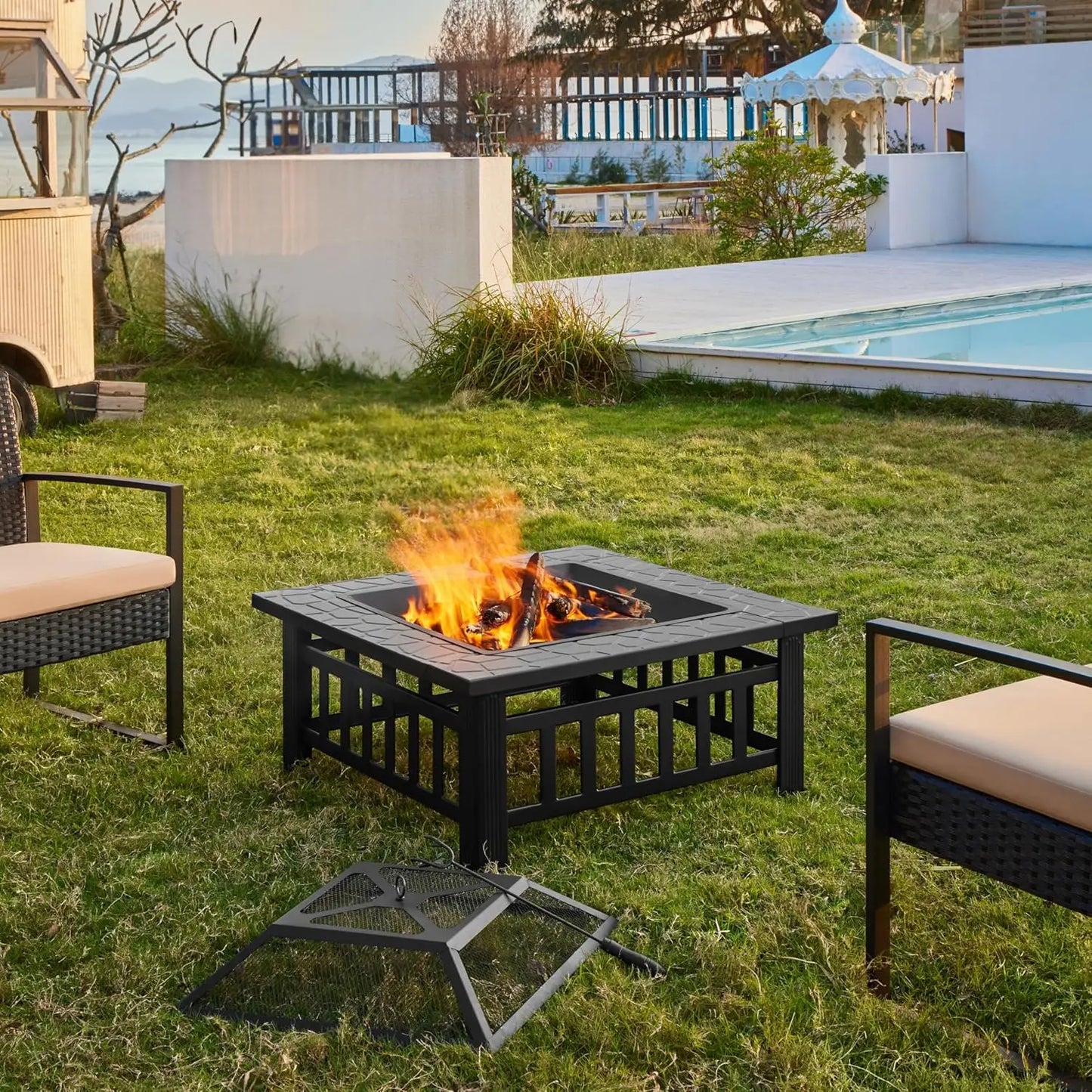 Fire Pit Table 32 Inch Square Metal Multifunctional Outdoor Stove