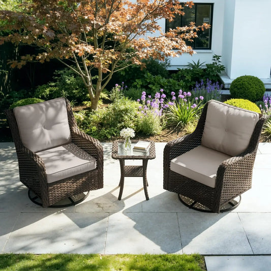 3 Piece All-Weather Wicker Swivel Rocker Patio Set With Table & Cloud-Like Cushions