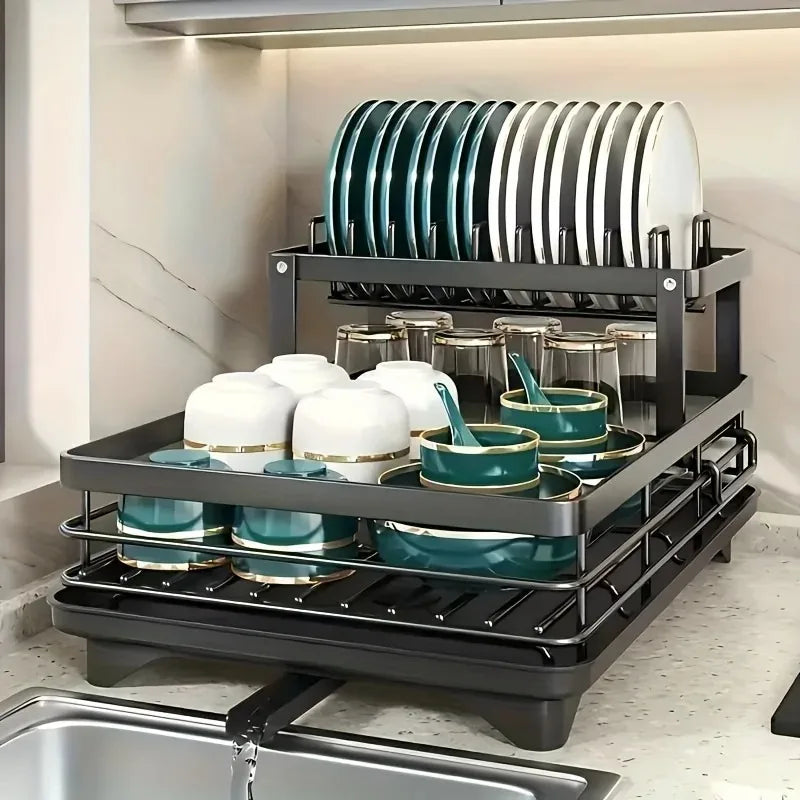 Dish Drying Rack Double Tier Extendable Large Capacity Drainer