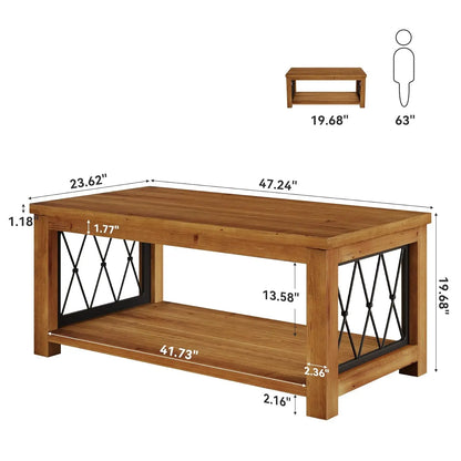 47.2" Solid Wood Coffee Table, 2-Tier with Metal Frame