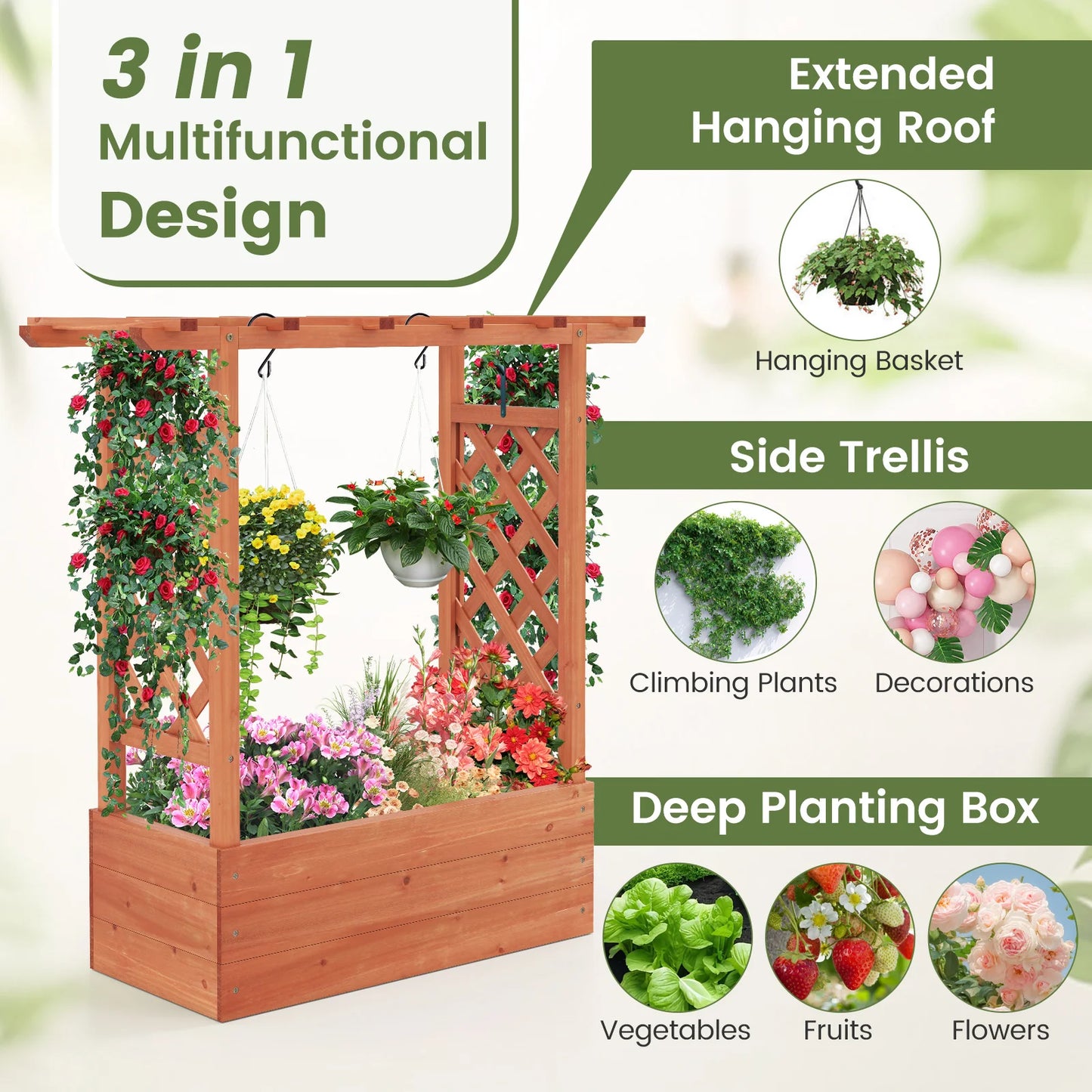 Wooden Raised Garden Bed with Trellis Hanging Roof and Drainage