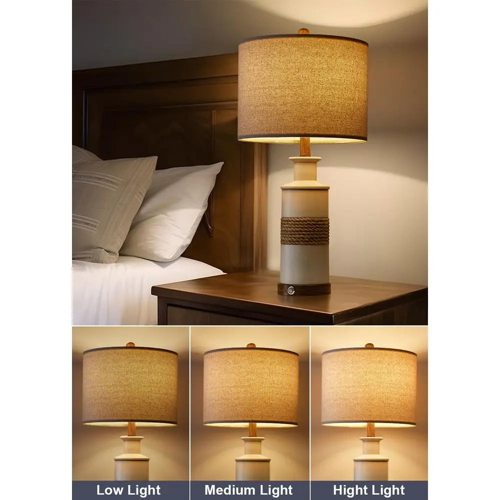 Rattan Table Lamps with USB Ports 3 Way Dimming Bedside Lights