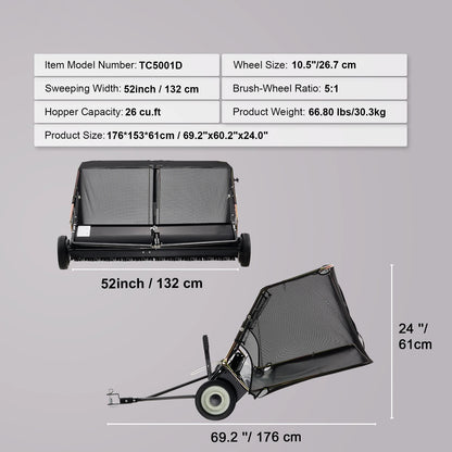 Tow Behind Lawn Sweeper 52 Inch Heavy Duty 26 Cu Ft Grass Collector