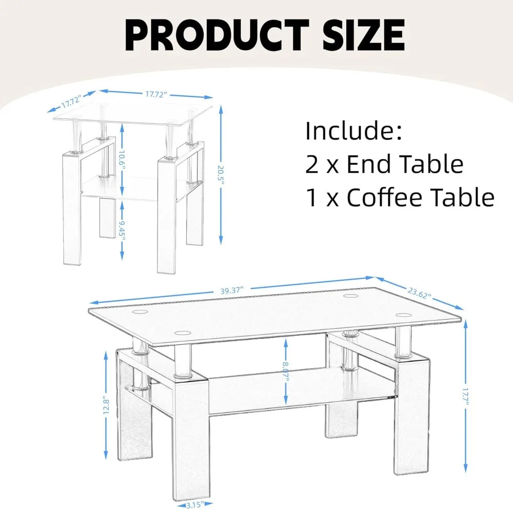 Modern Tempered Glass Table Set, 3-Piece, includes Black Metal Frame Coffee Table with Matching End Tables