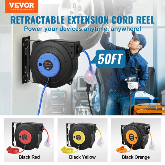 Retractable Extension Cord Reel, 50FT, Lighted Triple Tap Outlet, 13Amp Circuit Breaker ,180° Swivel Bracket