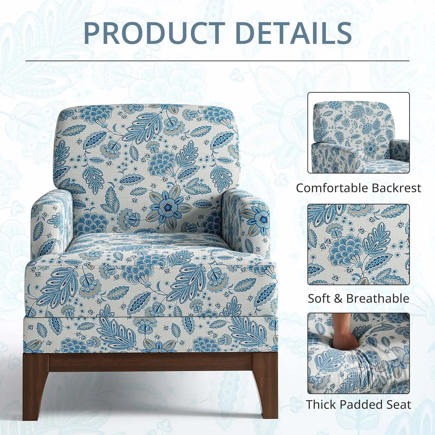 Floral Accent Chair Set Of 2, Upholstered Armchair With Solid Leg, Comfy Reading Single Sofa With Spring-Padded, Customized