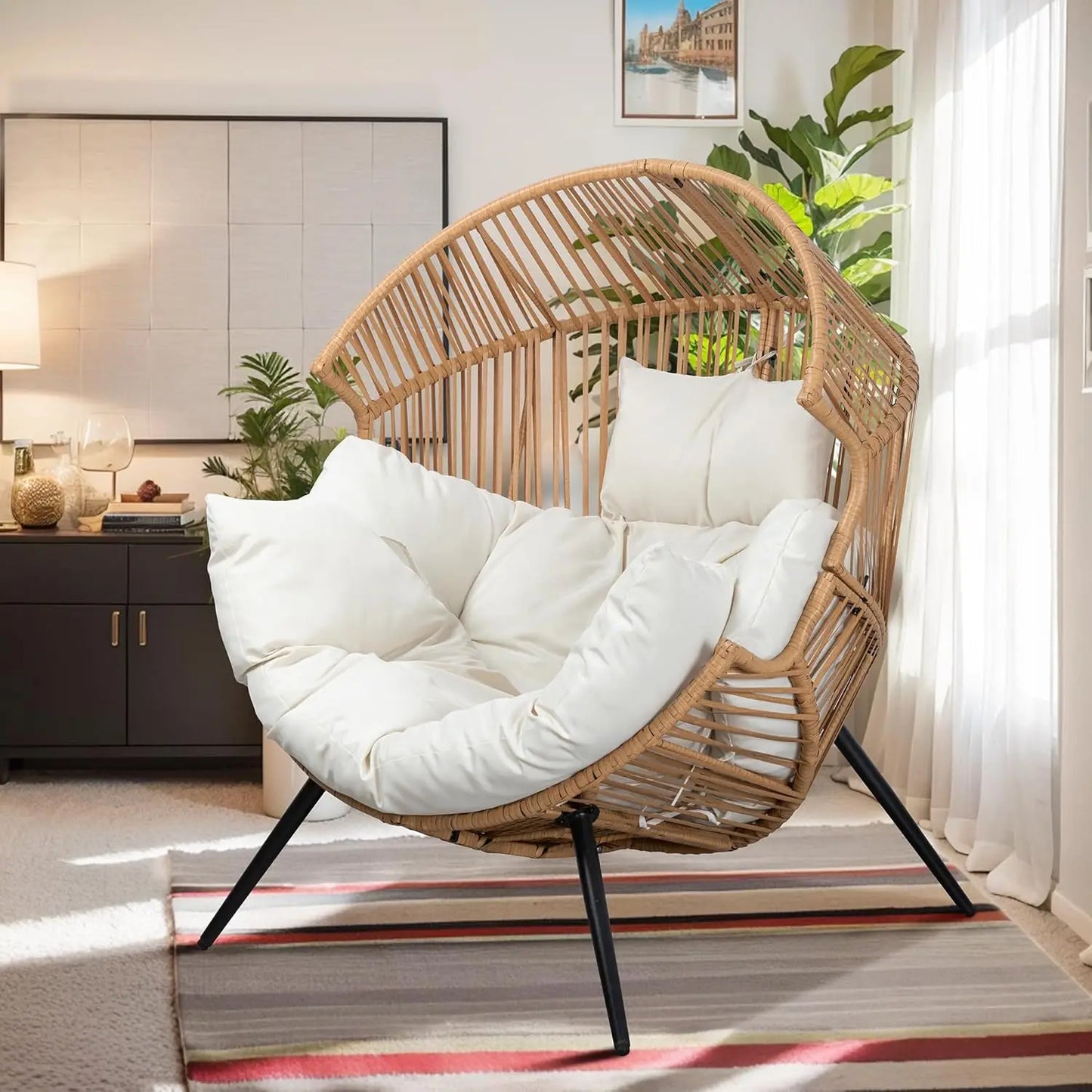 Outdoor Wicker Egg Chair, PE Rattan Chair with Cushion, Oversized