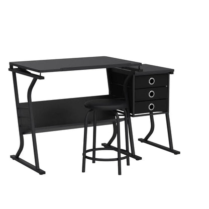 Drafting Table for Artists, Drawing Desk, Tabletop, Adjustable, with Stool and 3 Slide Drawers