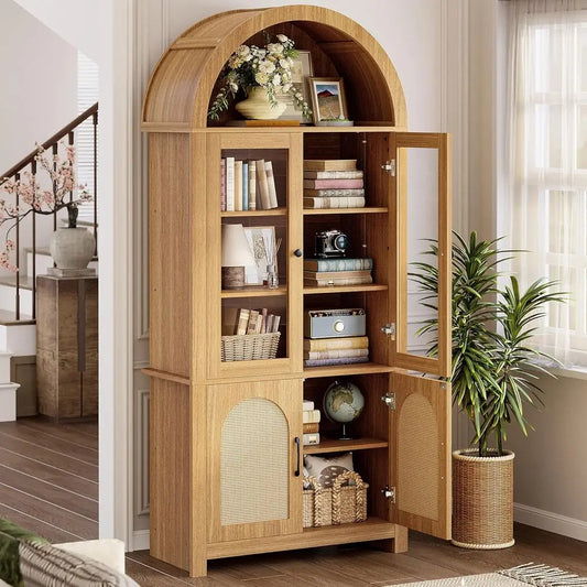 Arched Bookshelf with Glass Door, 75" Tall Bookcase with LED, 6 Tier Storage Cabinet with Rattan Door