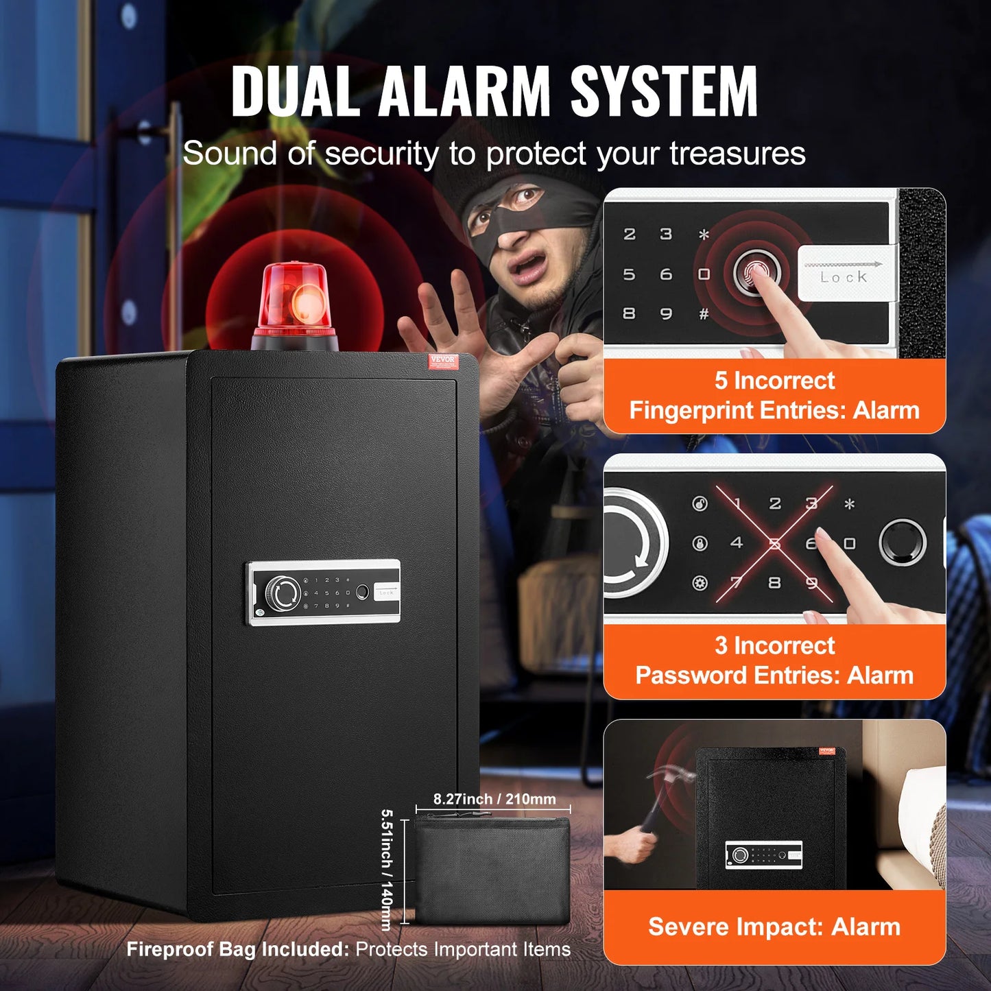 Single/Double Door Safe Box w/ 4 Unlocking Methods, Fireproof Bag, Key Rack & LED Light