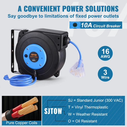 Retractable Extension Cord Reel 30FT Lighted Triple Tap Outlet