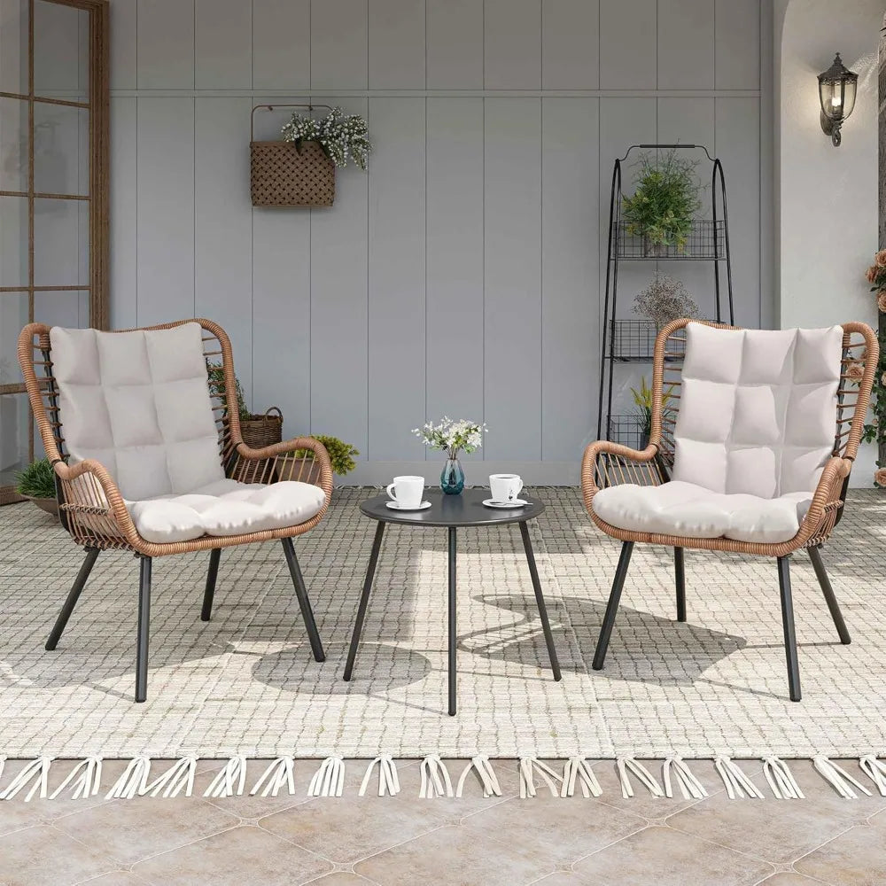 Bistro Set Outdoor 3 PCS with Coffee Table and Thick Cushions