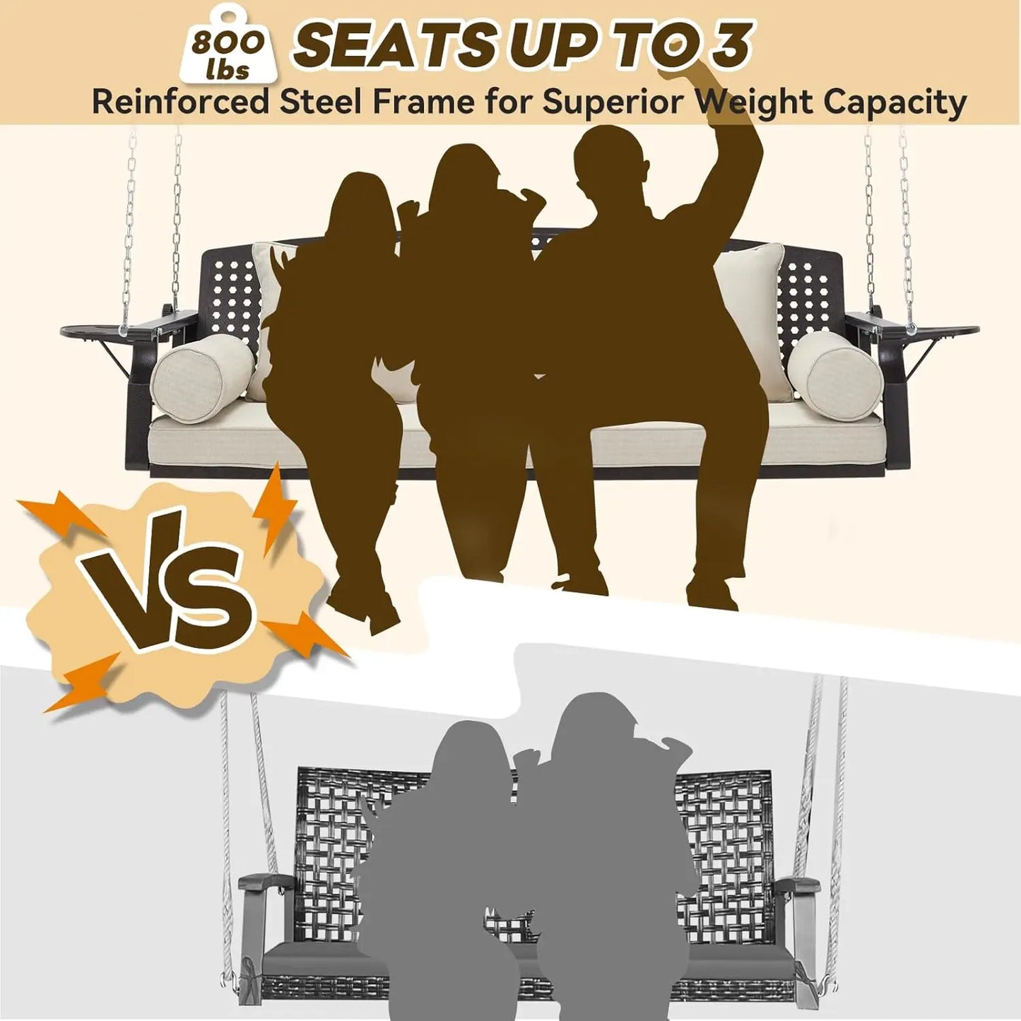 3 Seat Porch Swing with Cup Holders Cushions and Chains Outdoor Swing