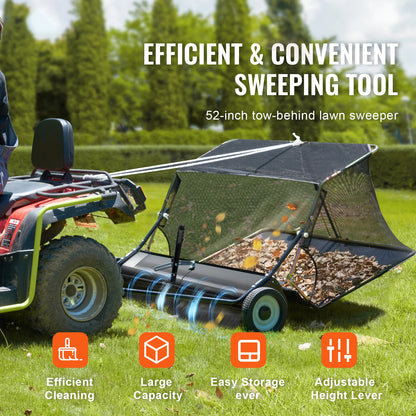 Tow Behind Lawn Sweeper 52 Inch Heavy Duty 26 Cu Ft Grass Collector