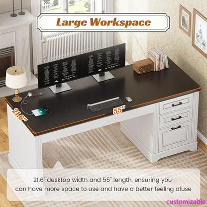 55 Inch Desk 3 Drawers AC Outlets USB Ports On/Off Switch