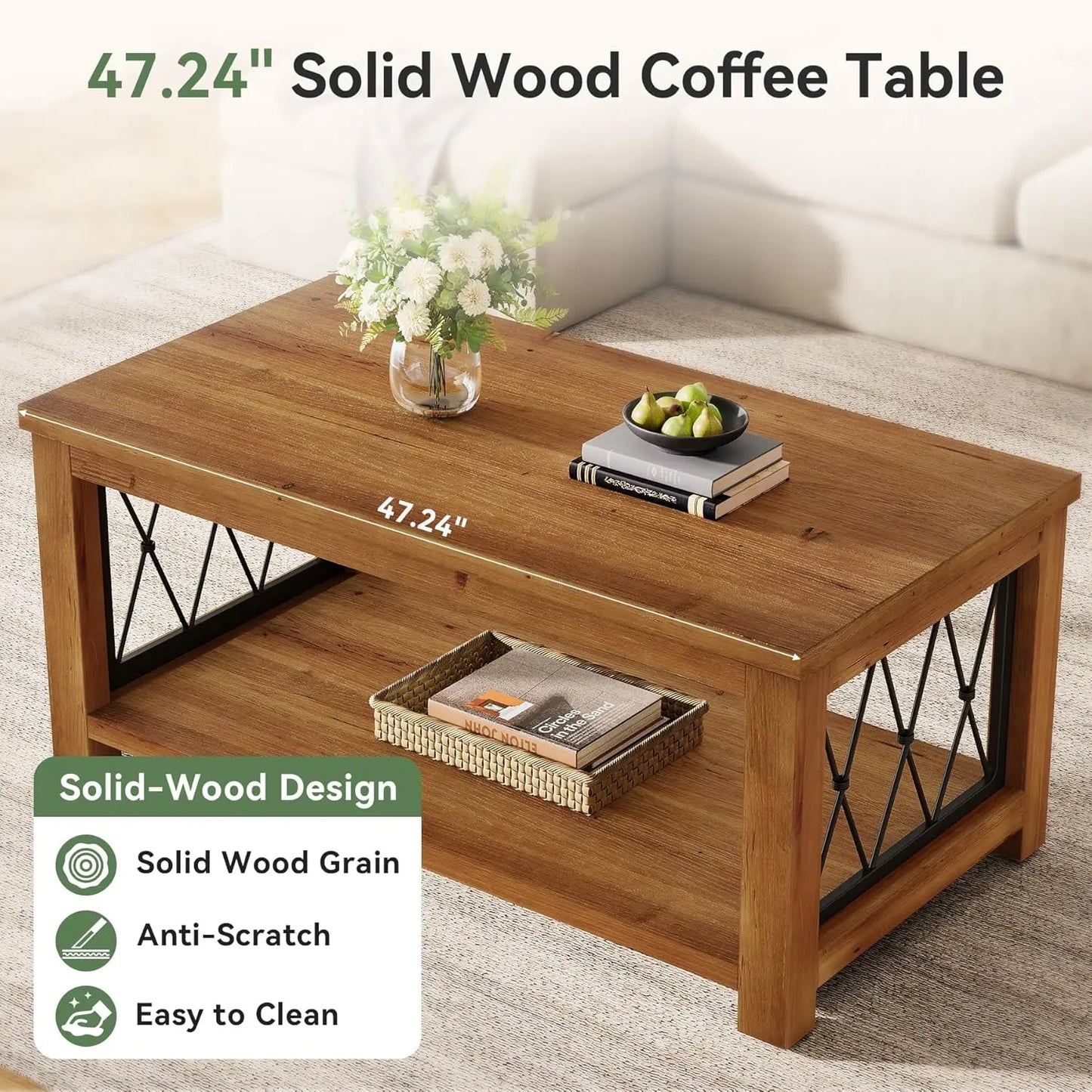 47.2" Solid Wood Coffee Table, 2-Tier with Metal Frame