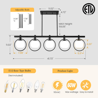 Modern chandelier pendant light adjustable rods dimensions and specifications, including E12 base type bulbs.