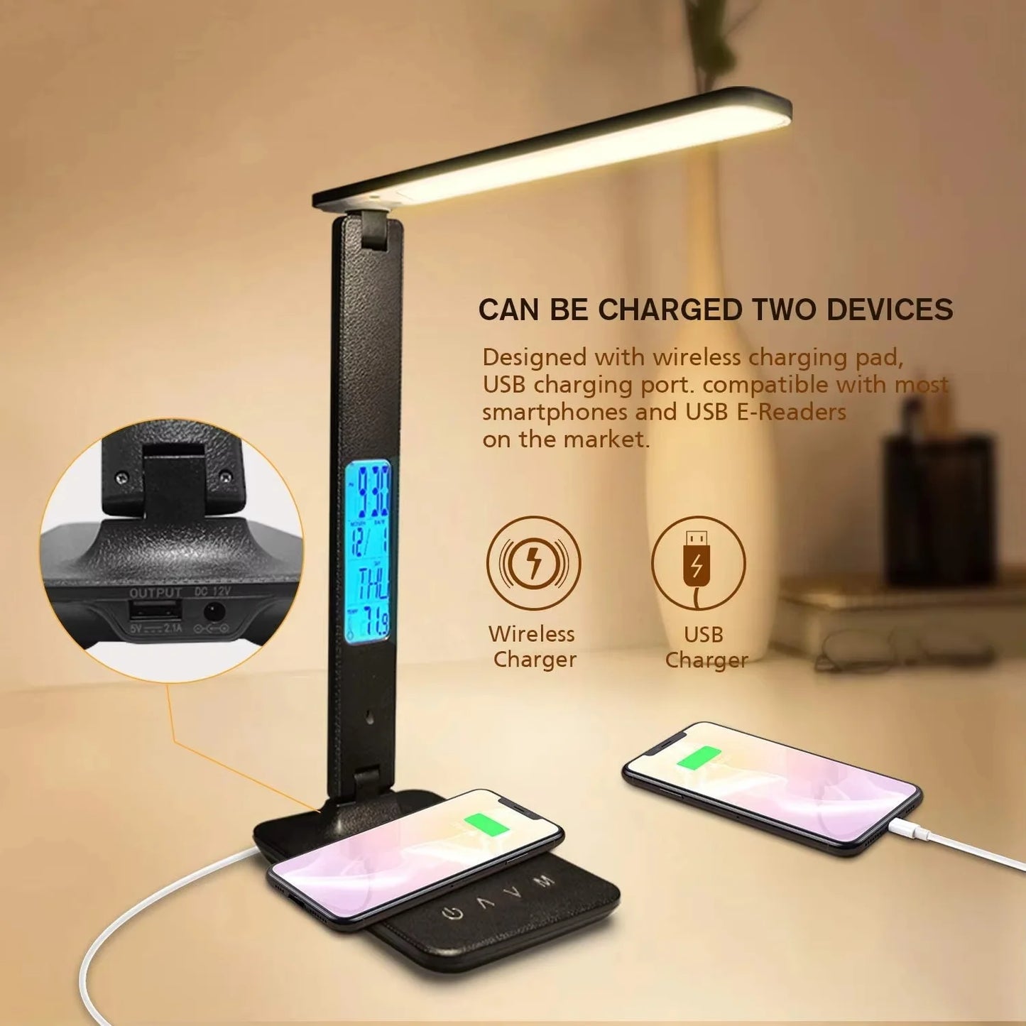 Wireless Charging LED Desk Lamp with a USB Charging Port, Dimmable, Sliding Function, Auto Timer, and Night Light