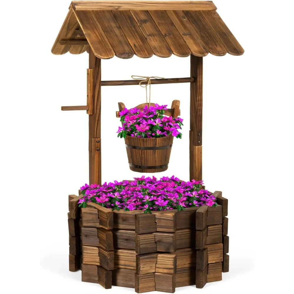 Rustic Wooden Wishing Well Planter w/Hanging Bucket