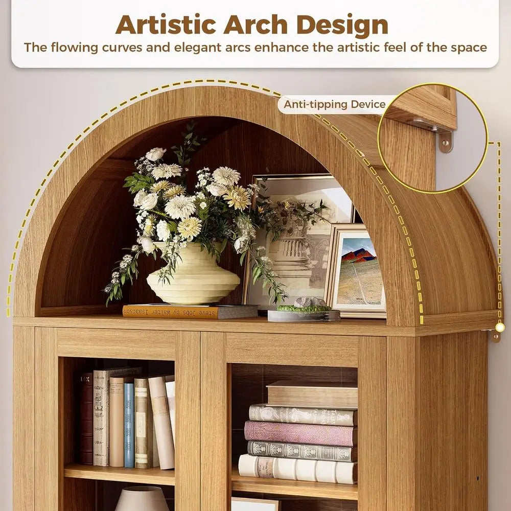 Arched Bookshelf with Glass Door, 75" Tall Bookcase with LED, 6 Tier Storage Cabinet with Rattan Door