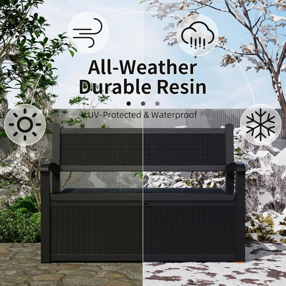 Outdoor storage bench made of all-weather durable resin, featuring UV protection and waterproof design for outdoor use.