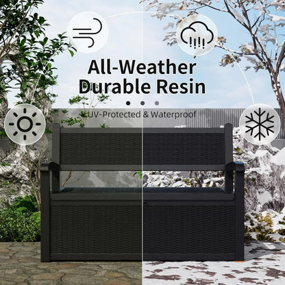 Outdoor storage bench made of all-weather durable resin, featuring UV protection and waterproof design for outdoor use.