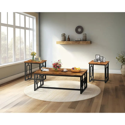 3-Piece Vintage Wood Coffee Table Set with 2 End Tables - Modern, Square Tabletop & Rustic Brown Finish