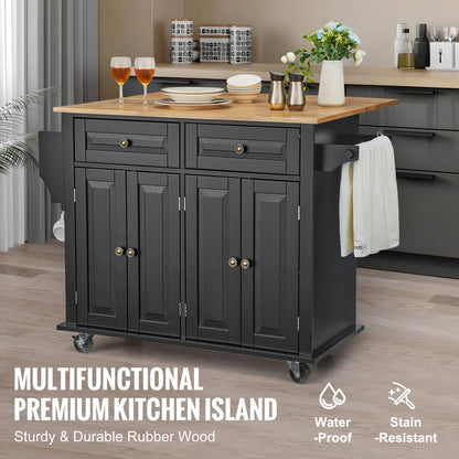 Kitchen Rolling Island Cart 43in Wood Top Storage Cabinet