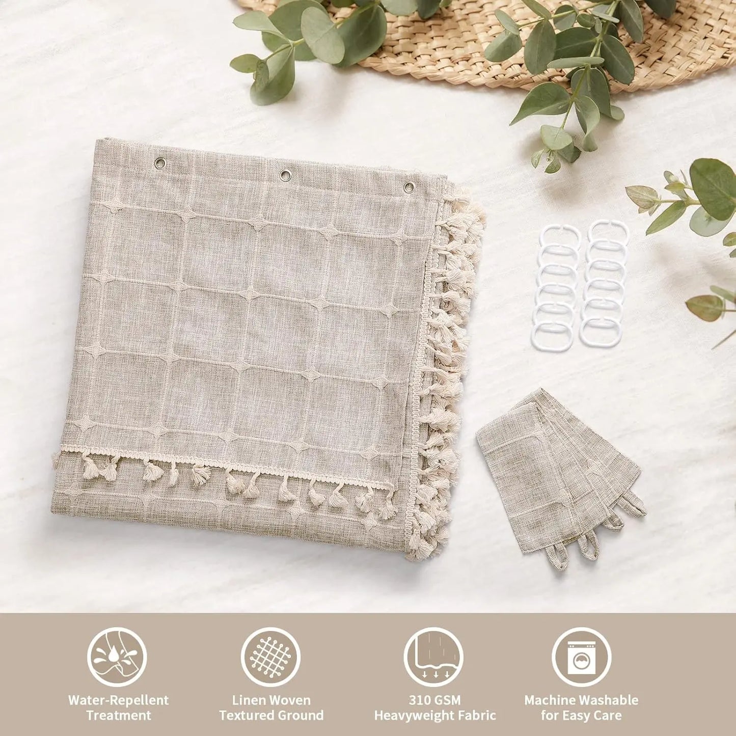 Tan Boho Double Swag Shower Curtain, Polyester Linen Fabric with Rust-Resistant Hooks, 72x72 Inches