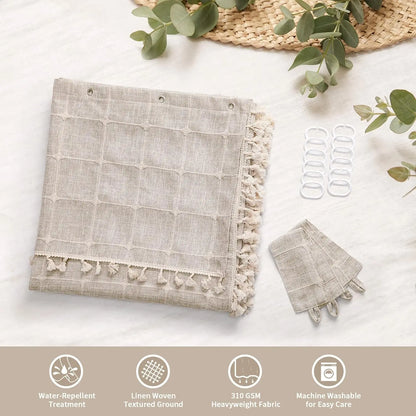 Tan Boho Double Swag Shower Curtain, Polyester Linen Fabric with Rust-Resistant Hooks, 72x72 Inches