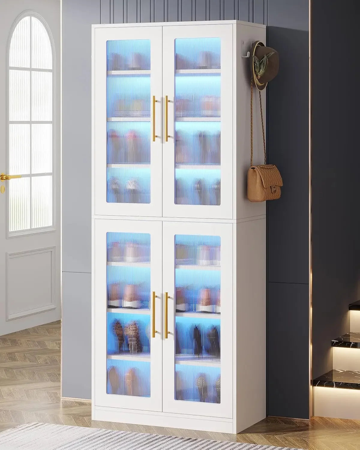 Storage Cabinet Tall Acrylic Doors LED Lights Adjustable Shelves