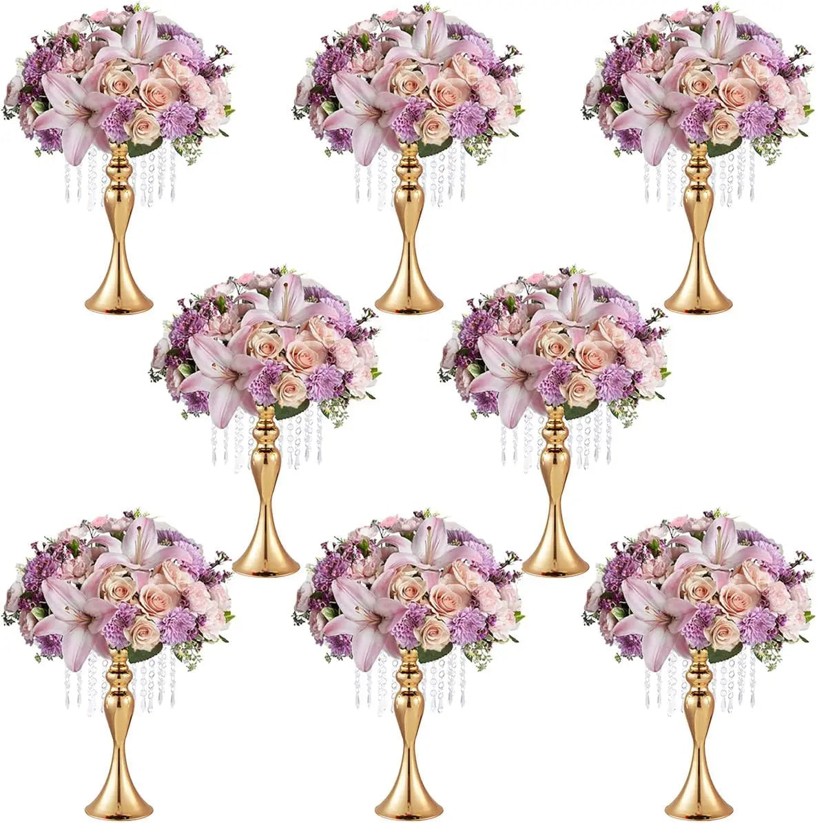 Table Centerpiece Set of 8 Gold Vase Stand with Crystals
