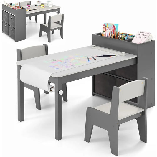 Kids Table and Chairs 3 in 1 Wooden Drawing Table Set