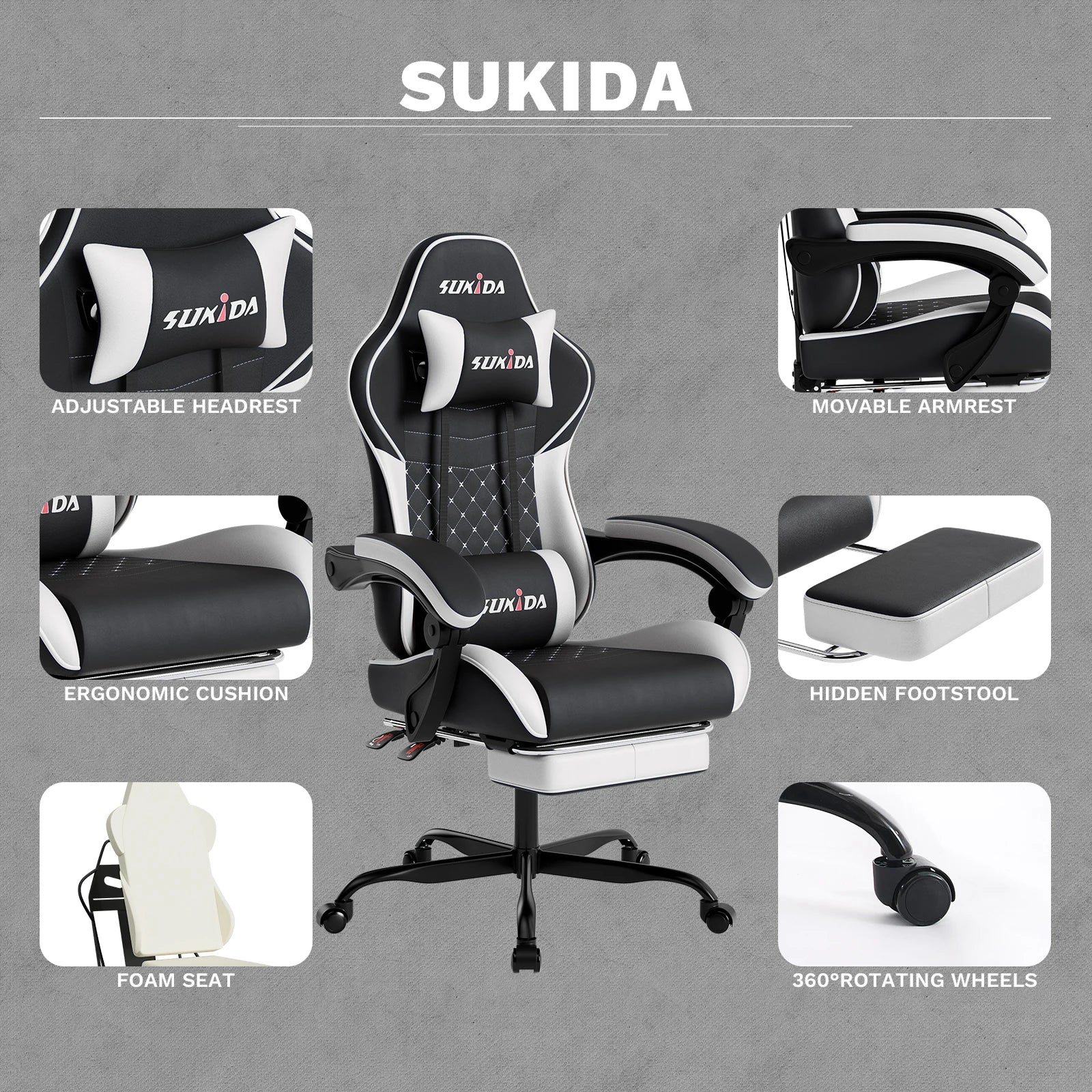 Gamer Chair w/ Massage, Lumbar Support, Swivel & Adjustable
