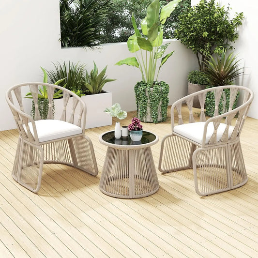 Patio Furniture Set 3 Piece Rope-Woven Cushioned with Glass Table