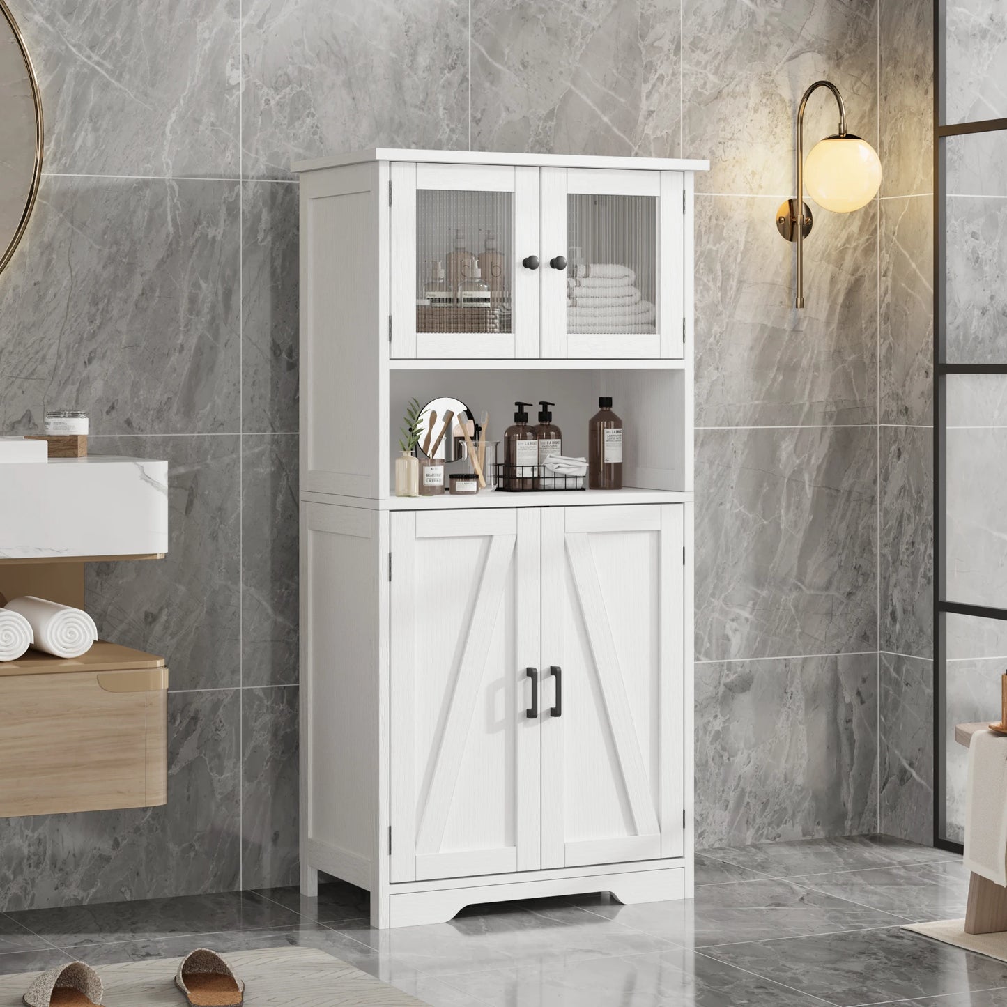 Free Standing Kitchen Pantry with 4 Doors and Open Space with Tempered Glass Doors