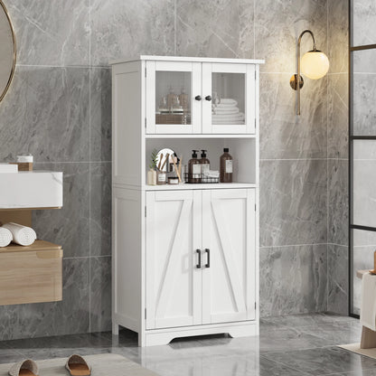 Free Standing Kitchen Pantry with 4 Doors and Open Space with Tempered Glass Doors