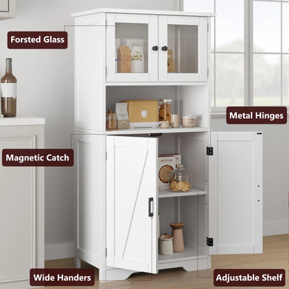 Free Standing Kitchen Pantry with 4 Doors and Open Space with Tempered Glass Doors