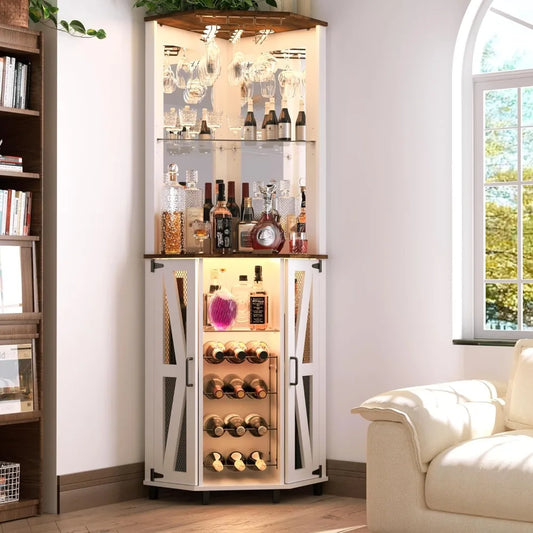 Corner Bar Cabinet with LED Light 68.9 Inch with Mirror
