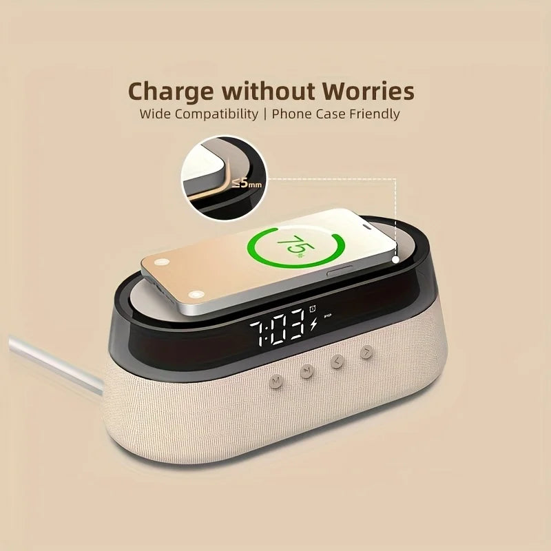 Aretelo Wireless Charging Digital Multi-Mode Alarm Clock, FM Radio, Bluetooth Speaker, Night Light