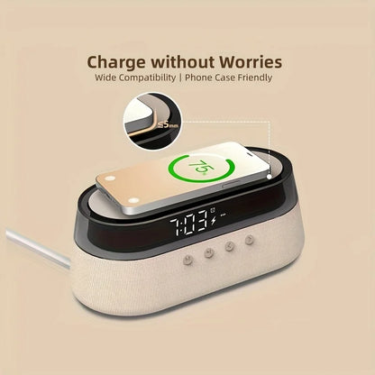 Aretelo Wireless Charging Digital Multi-Mode Alarm Clock, FM Radio, Bluetooth Speaker, Night Light