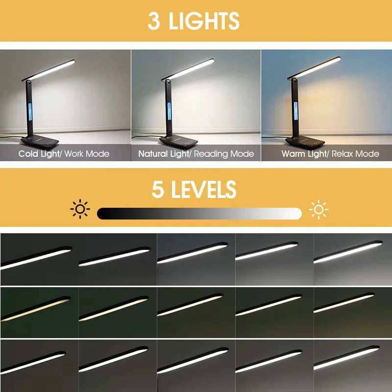 Wireless Charging LED Desk Lamp with a USB Charging Port, Dimmable, Sliding Function, Auto Timer, and Night Light